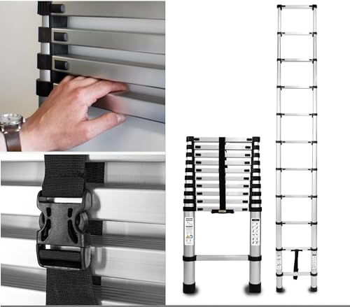 Preisvergleich Produktbild Drabest - Leiter - Teleskopleiter - Leiter Ausziehbar - Klappleiter, Aluleiter - Mehrzweckleiter - Multifunktionsleiter, Ausziehleiter - Aluminium Leiter, Klappbar - 11 Stufen - Höhe 3,2m