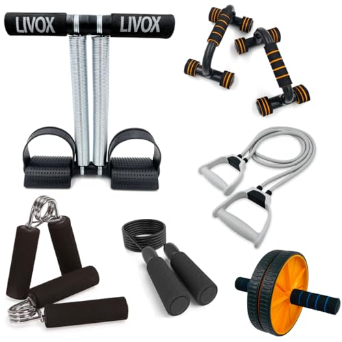 LIVOX Gym Equipment Combo Set for Home Workout Men Women Full Body Excercise Equipment Kit – Tummy Trimmer, Resistance Band, Pushup Stand, Ab Wheel Roller, 2 Hand Gripper, and Skipping Rope