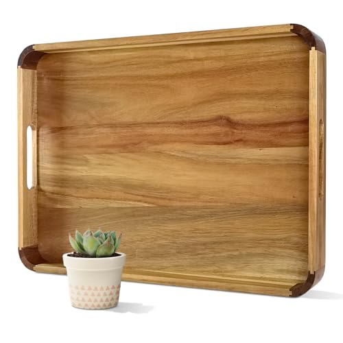 OurMiao Grand plateau de service rectangulaire en bois d'acacia de 55,9 cm avec poignées, belle décoration d'intérieur pour salon, table basse, canapé, taille...