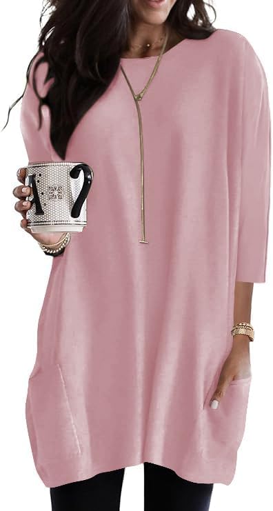 Poetsky Womens 3/4 Sleeve Tunics or Tops to Wear with Leggings Long Shirts Blouses with Pockets S-3XL