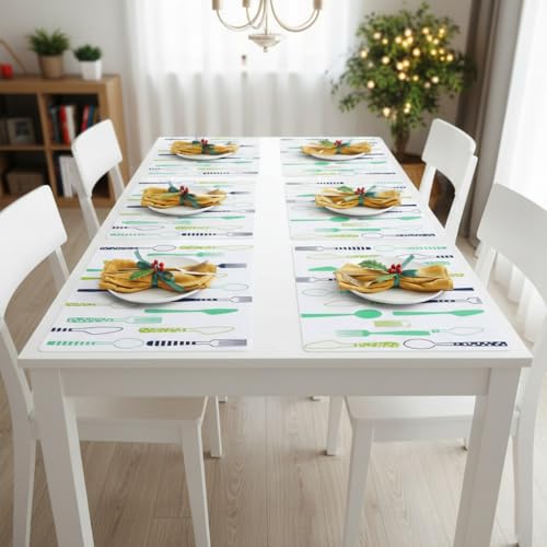 Image of YELONA Rectangular PVC Vinyl Non-Slip Insulation Heat-Resistant & Waterproof Stain Resistant Washable Placemat for Dining & Kitchen Table-(White & Green,Set of 6)