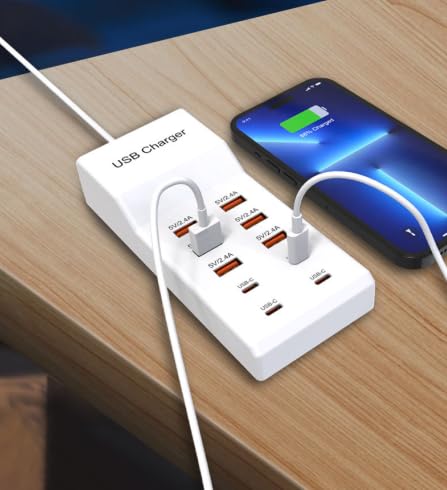 USB Fast Charging Station for Multiple Devices, 10 Port USB: 6 USB A and 4 USB C. for Android and Apple: Smart Phones, laptops, Tablet, ipad, iPhone, and Other USB Home Devices. White. US Plug