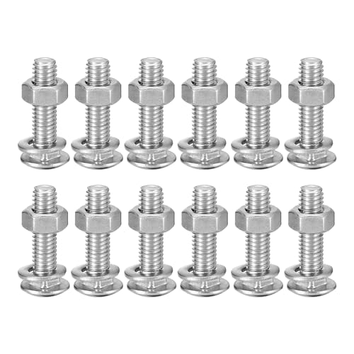 Image of uxcell M6x25mm Square Neck Carriage Bolts with Nuts & Washers, 12Set 304 Stainless Steel Round Head Square Neck Coach Bolt Screws, Silver Tone