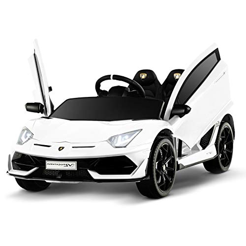 Uenjoy 12V Kids Electric Ride On Car Lamborghini Aventador SVJ Motorized Vehicles with Remote Control, Battery Powered, LED Lights, Wheels Suspension, Music, Horn, Compatible with Lamborghini, White