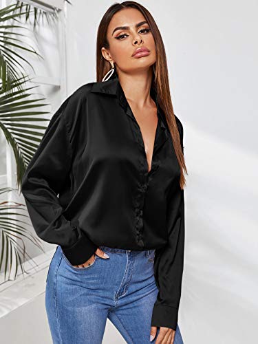 Soly Hux Women's Satin Silk Long Sleeve Button Down Shirt Office Work Blouse Top Black S #TOP2