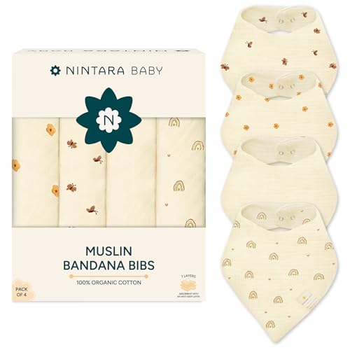 NINTARABABY Bandana Bibs – 100% Organic Muslin Cotton, 7-Layer Absorbent for Drooling, Teething & Feeding, Soft & Hypoallergenic, Adjustable Snap Buttons, Reversible, Baby Gift Ages 0–3, Pack of 4