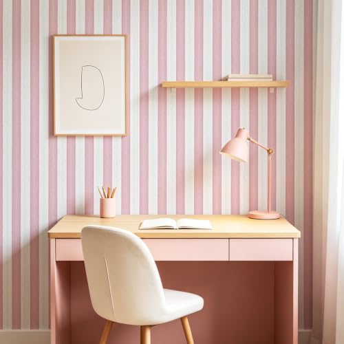 Image of MOBAILUYI Pink and White Striped Peel and Stick Wallpaper,Textured Silver Line Removable Pink Contact Paper Waterproof Girly Wallpaper for Bedroom,Nursery,Kids Room Bathroom,40cm x 300cm