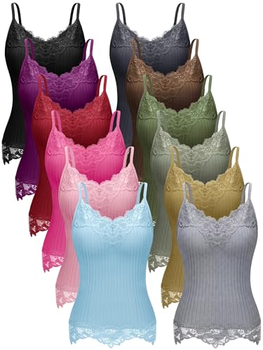 Fourluoo 12 Pcs Women's Long Lace Tank Tops lace Camisole Patchwork Tops for Women (Black,Brown,Light Beige,Dark Gray,Red,Pink,Blue,Tea Brown,Rose Pink,Purple,Dark Green,Light Green,XL)