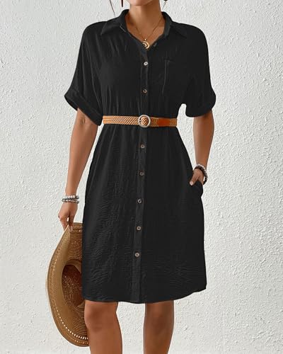 Bsubseach Womens Swimsuit Coverup Long Button Down Bathing Suit Cover Ups Short Sleeve Summer Beach Shirt Dress with Pockets3