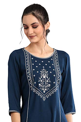Image of Aurelia Women Navy Blue Embroidered Kurta in Round Neckline