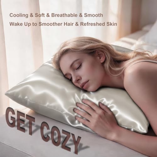 Image of LYSHIN Beige Silk Pillow Cases 2 Pack Standard Size with Zipper | 19 Momme Mulberry Silk Pillowcase for Skin and Hair, Anti-Acne, Hypoallergenic, Cooling, Beauty Sleep, Gifts for Women