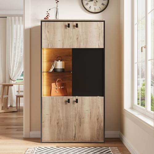 PUGSDRLY Armoire de Rangement, Vitrine avec éclairage LED, Portes Coulissantes Noires, Espace de Rangement Ouvert, 4 Portes, pour Salon, Bureau, 77.8x36x150...