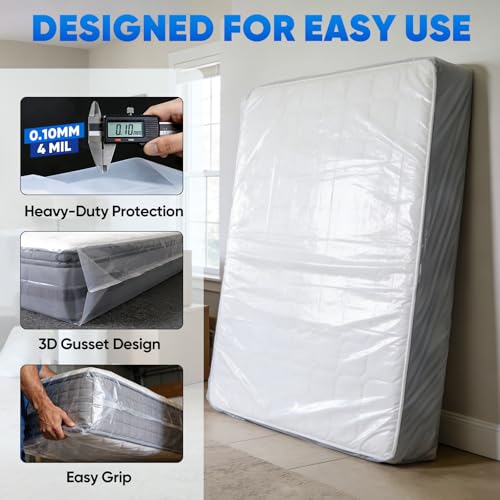Image of TICONN 2PK Plastic Mattress Bag for Moving Storage, Waterproof Mattress Protector Cover, Heavy-Duty Mattress Moving Supplies (4 mil, King)