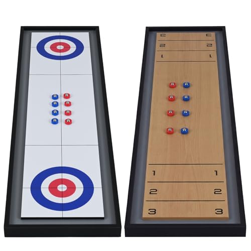 Goplus Shuffleboard and Curling 2 in 1 Board Game Portable 2 Sided Tabletop Shuffle Board Game with 8 Rolling Pucks Wooden Shuffleboard and Curling Combo Game Set for Adults