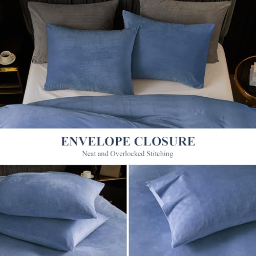 Ivellow Velvet Duvet Cover King Set Blue Comforter Cover 3Pcs Ultra Soft Cover Breathable Solid Luxury Flannel Velour Duvet Cover Zipper Closure Corner Tie