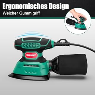 HYCHIKA Ponceuse Bois 140W, 13000 OPM Ponceuse avec dépoussiérage efficace, avec 12PCS papier de verre, idéal pour poncer le bois et enlever la rouille et la peinture