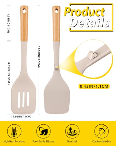Pack of 2 Large Silicone Spatula, Heat Resistant Solid Turner, Non Stick Slotted Spatulas with Wooden Handle, Ideal Kitchen Utensils for Flipping, Pancakes, Eggs, Fish(Khaki) - Image 4