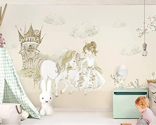 TANYANG Fondo de pantalla personalizado Pequeña princesa y caballo de un cuerno Castillo de cuento de hadas Cuento de hadas Sala de los niños Fondo de pantalla 3D