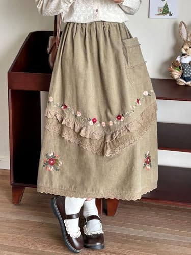 ebossy Womens Cottagecore Embroidenry Floral Corduroy Skirt Elastic High Waisted Flowy A-Line Long Skirt with Pocket3