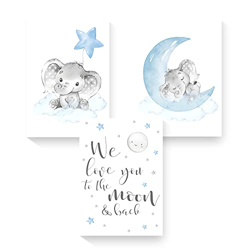 Image of 3pcs/set Kid Posters, Cute Elephant Wall Art Kawaii Blue star moon Girls Posters Abstract Weather Canvas Paintings Print Picture For Kids Room Nursery Decor Art(Grey Elephant Decor, 12"x16"x3pcs Unframed)