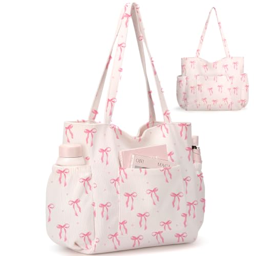 hatisan Pink Bow Corduroy Tote Bag for Women, Cute Coquette Shoulder Bag - image 1