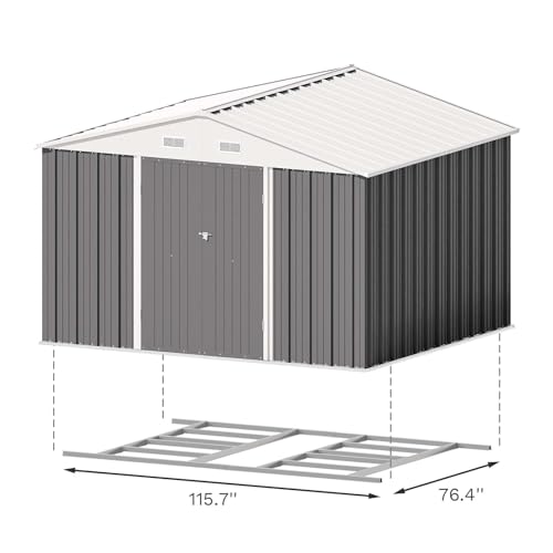 Image of Patiowell 10 x 8 FT Outdoor Storage Shed with Floor Frame, Large Garden Tool Metal Shed with Sloping Roof and Double Lockable Door for Backyard Garden Patio Lawn,Grey