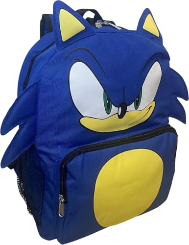 Ruz Mochila escolar Sonic The Hedgehog Big Face com orelhas e penas 3D, Azul, Sonic 14