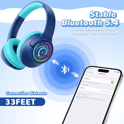 Image of Kids Bluetooth Headphones, 85H Playtime Wireless Headphones for Kids, Colorful LED Lights, 85 /94dB Safe Volume Limit, Bluetooth 5.4 Built-in Mic Toddler Headset for Tablet /Airplane (Navy Blue)