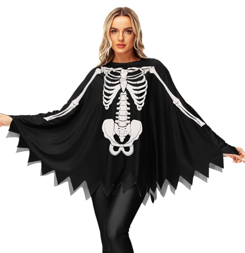 Arankhiger Skelett Umhang Damen Halloween Poncho Kostüm Skelett Party Kleid Faschingskostüme Party Cosplay