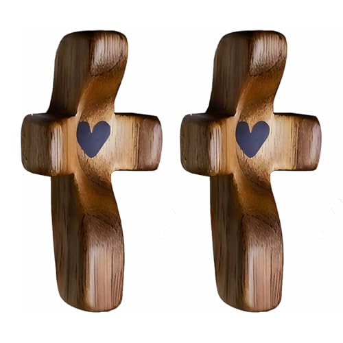 Tiardey 2 Cruces de Madera de Mano, Cruz de protección de Madera, Cruz de Madera con Forma de corazón de Jesús, Cruz antiestrés, mi corazón Anima, Regalos, Cruz de Pulgar para oración