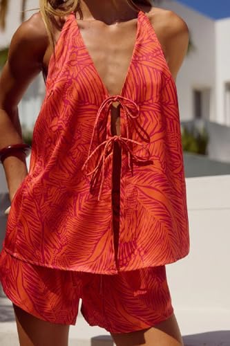 Image of ROAONOCOMO Women Tie Front Shorts Set V Neck Halter Cami Top Y2K 2 Piece Pj Set Graphic Summer Beach Lounge Outfit