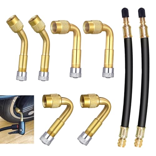 8 Piezas Extensión Válvula Neumático, Adaptador Ángulo 45° 90° 135°, con 2 Extensiones Flexibles de Goma 180mm, Accesorios para Inflado de Bicicletas Motos Coches Scooters Camiones y Vehículos