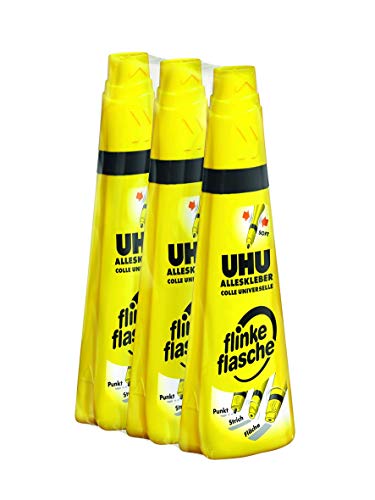 UHU Alleskleber flinke flasche, Glasklarer Alleskleber in der einzigartigen Flasche mit Drehklebekopf , 3 x 35 g