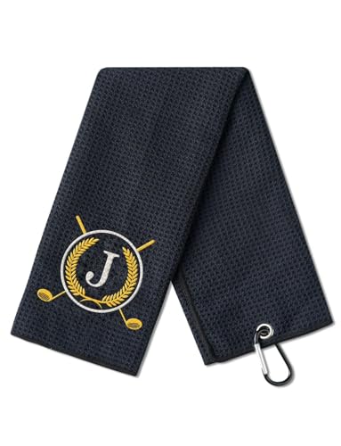 CybGene Golf Towel Gifts - Microfiber Golf Towels for Men and Women on Birthday, Christmas, 16'x 24', Black, Initial J