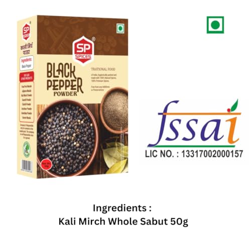 Image of SP Spices Kashmiri Mirch, Chaat Masala, Amchur, Ginger Powder & Kasoori Methi Combo Pack | Premium Indian Spices | Perfect for Cooking, Snacks, Chaat, Curries , vegetables & Marinades (50g kali mirch Powder)
