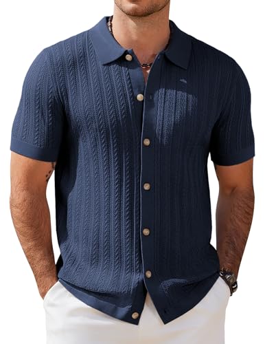 COOFANDY Mens Short Sleeve Knitted Polo Shirts Stretch Cable Knit Full Button Golf Shirt Polo T-Shirt Navy Blue L