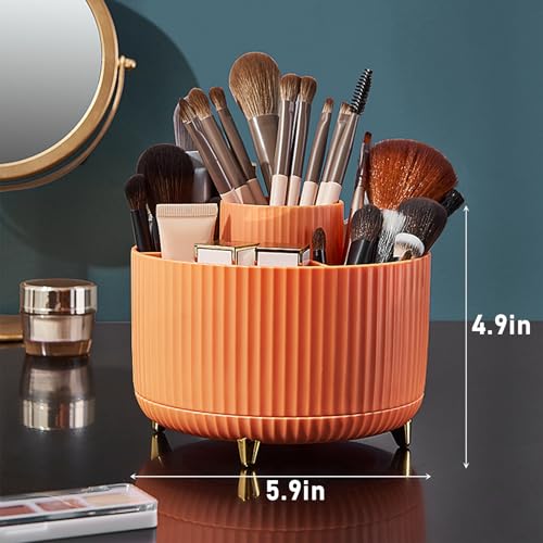 Image of Diesisa 360 Rotating Makeup Brush Organizer With 5 Sections, Spining Countertop Swivel Makeup Brush Holder for Cosmetics, Nail Polish, Art Supply, Bathroom Vanity Desktop Organizer - Orange