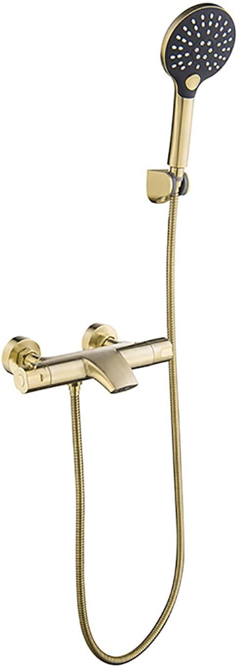 GLJTUO Bathtub Faucet Brushed Gold Bath Tap Wall Mounted Tub Mixer Tap with Handheld Shower Set, Brass Wall Mounted Tub Filler Thermostat Tub Tap, with 38 °C Safety Bu,