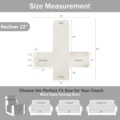 Image of Quilted Recliner Chair Covers, Water-Repellent Slipcovers, Off White Recliner Covers Stay in Place, Pet Friendly ReclinerCover for Dogs, Washable Chair Covers (Recliner 22 inch, Ivory White)
