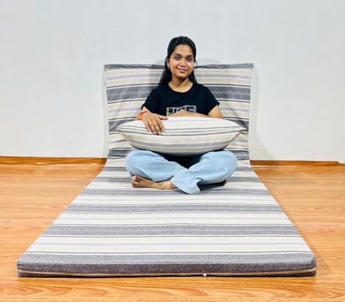 Image of Foldable Mattress Queen Bed Size 5 x 6 Feet | Soft Foam Folding Floor Sleeping Mattress with 1 Filled Pillow for Travel, Camping, Home, Yoga Hostel Guest Room PG Use | Brown White Stripped