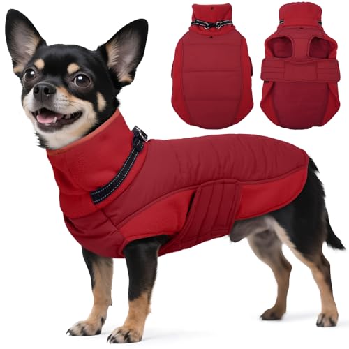 Image of BRKURLEG Dog Winter Coat with Harness Built in, Warm Jacket for Small Medium and Large Dogs, Windproof Turtleneck Fleece Dogs Snowsuit with Hook & Loop, Reflective Christmas Dog Jacket, Red XS