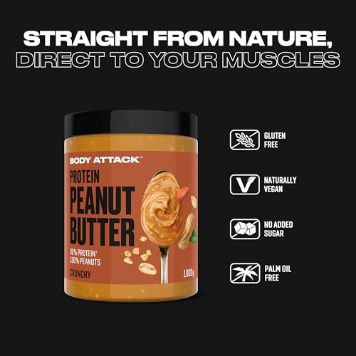 Body Attack Peanut Butter Crunchy, 1kg - Erdnussbutter mit Stückchen, 30% Protein ohne Zuckerzusatz, vegan, ohne palmöl