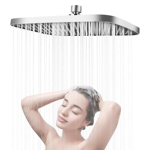 XCDMJ Pommeau de douche à effet pluie, 35,5 cm, en acier inoxydable, économe en eau, carré, réglable à 360°, auto-nettoyant, tête de douche encastrée