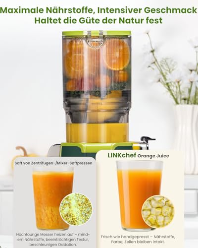 LINKChef LINKChef Entsafter Slow Juicer, Entsafter Gemüse und Obst Testsieger mit 115 mm großem, Entsafter Kaltentsafter für ganze Früchte/Gemüse, Blitzreiniger, Einfacher Installation, BPA Frei, 200w Grün - Zusatzansicht 4 | Mixer