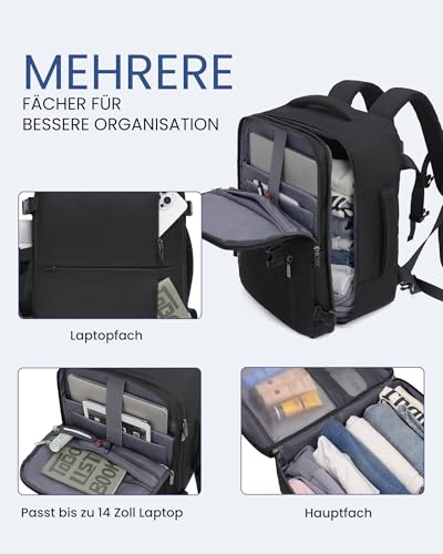 LOVEVOOK Handgepäck Rucksack 40x30x20, Reiserucksack Flugzeug Damen Herren, Carry On Luggage Travel Backpack 24l für 14 Zoll Laptop, Cabin Kofferrucksack mit USB für Arbeit Business Reisen, Schwarz