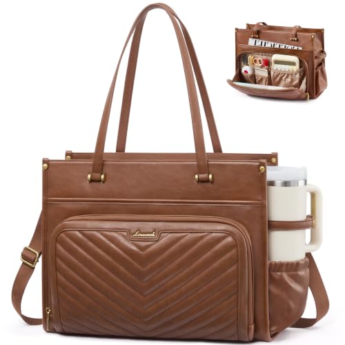 Image of LOVEVOOK Quilted PU Leather Teacher Tote Laptop Bag Work Purse for Women | Large Cup Holder, Professional Waterproof Handbag Briefcase, Gifts for Business Office Nurse Mom College Travel Daily Leiure