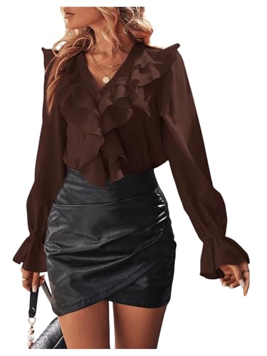 SweatyRocks Women's Ruffle Blouse Button Up V Neck Flounce Long Sleeve Shirts Tops