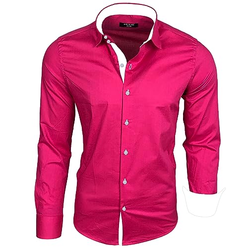 Subliminal Mode - Camisa para hombre de corte ajustado, cuello y manga bicolor con un planchado fácil, mangas largas, casual S500, rosa, L