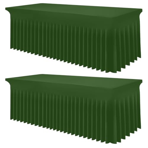 Image of Smiry 2 Pack Spandex Elastic Fitted Table Cloth Skirt for 8FT Table | Stretch Washable Table Cloth, Banquet Table Cover for Wedding, Party, Indoor & Trade Shows, (Olive Green, 96Lx30Wx30H)