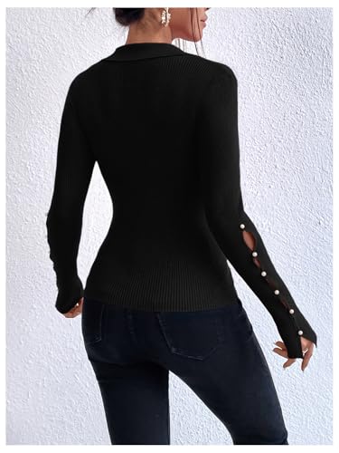 Verdusa Women's Pearl Sweaters Split Long Sleeve Collar V Neck Fitted Pullovers2